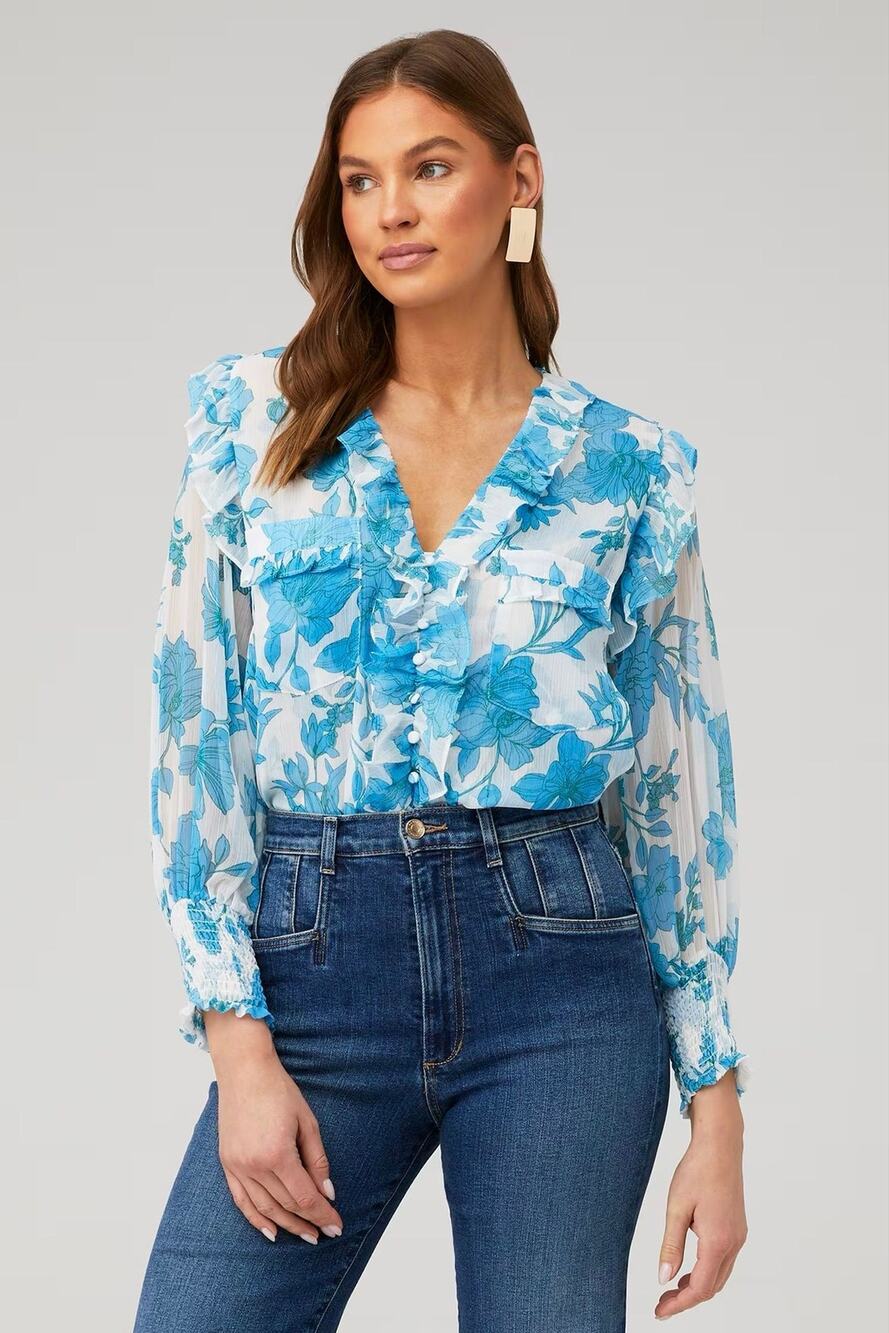 NWT MISA Los Angeles Sacha Floral Ruffle Blouse Blue Size S